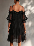 Vittoria | Black chiffon mini dress with off-the-shoulder design and lace trim