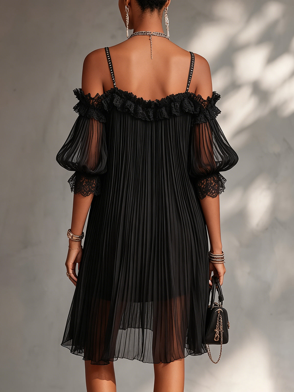 Vittoria | Black chiffon mini dress with off-the-shoulder design and lace trim