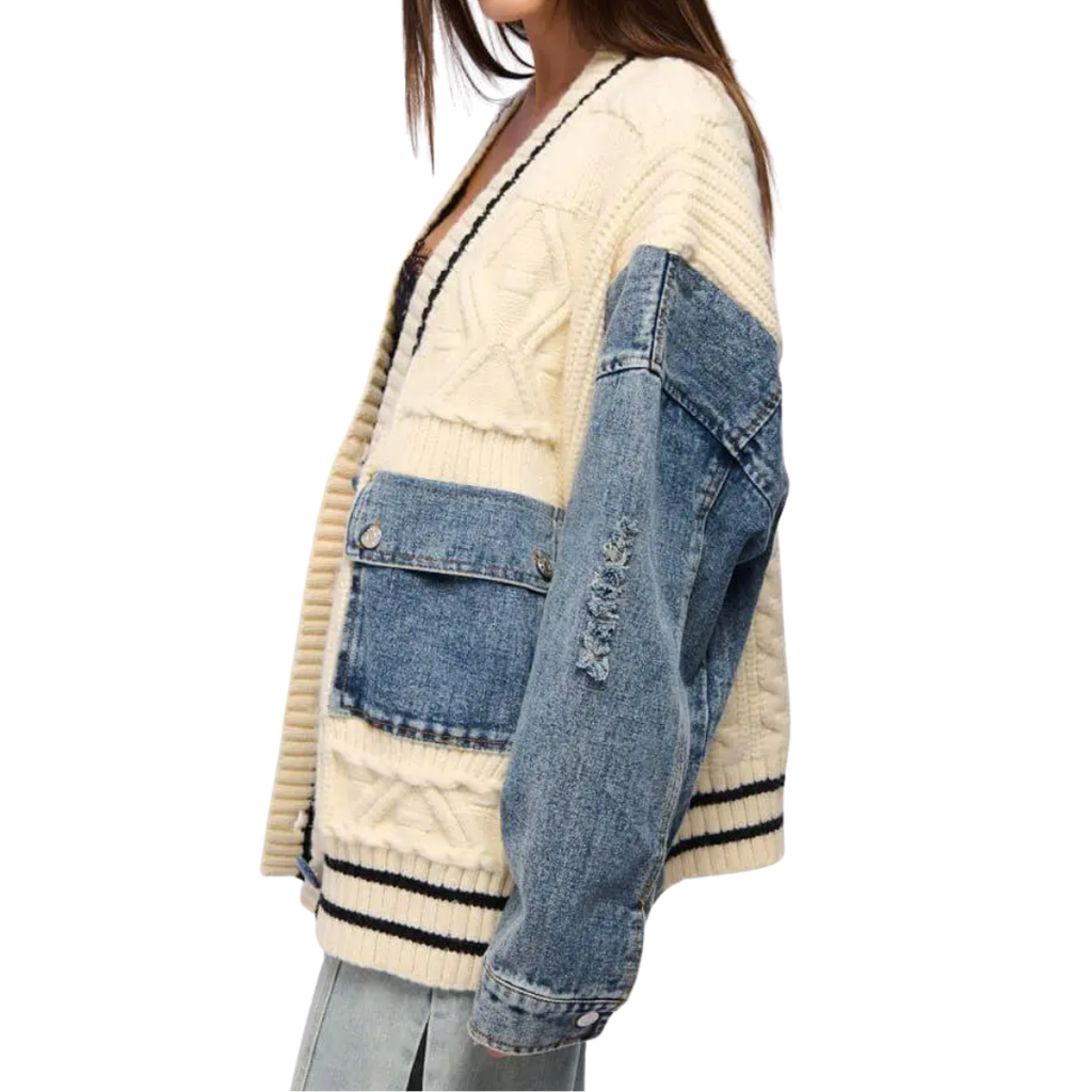 FLANNERY™ – Relaxed Denim Patchwork Knit Cardigan
