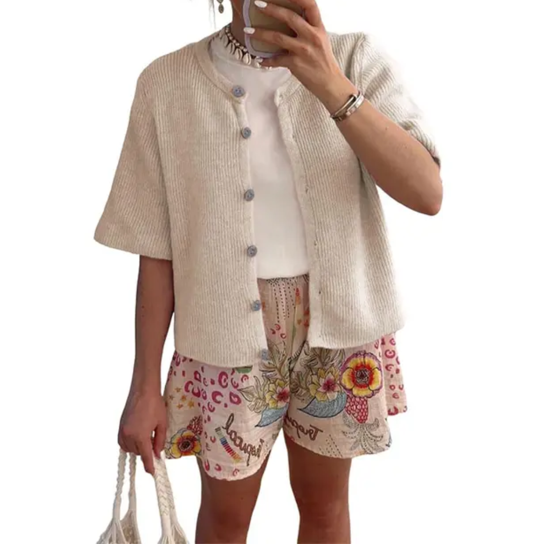 WREN™ – Soft Ribbed Button-Down Short Sleeve Cardigan