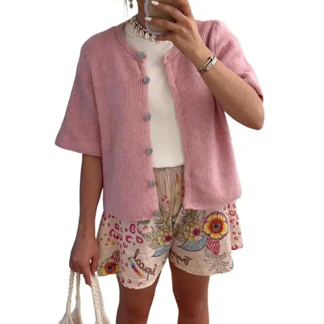 WREN™ – Soft Ribbed Button-Down Short Sleeve Cardigan