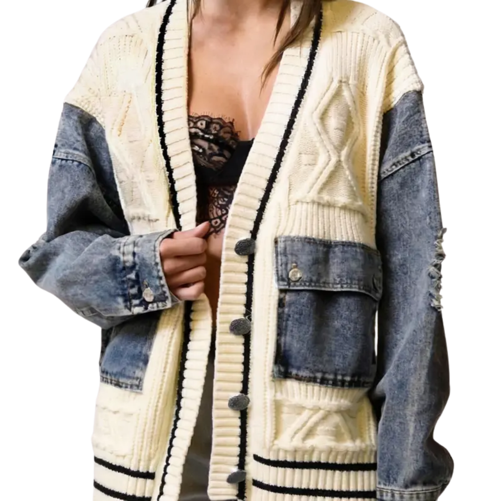 FLANNERY™ – Relaxed Denim Patchwork Knit Cardigan