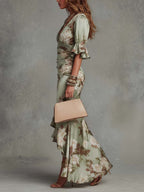 Anna | Asymmetrical Long Dress with V-Neck, Flared Puff Sleeves, and Floral Pattern